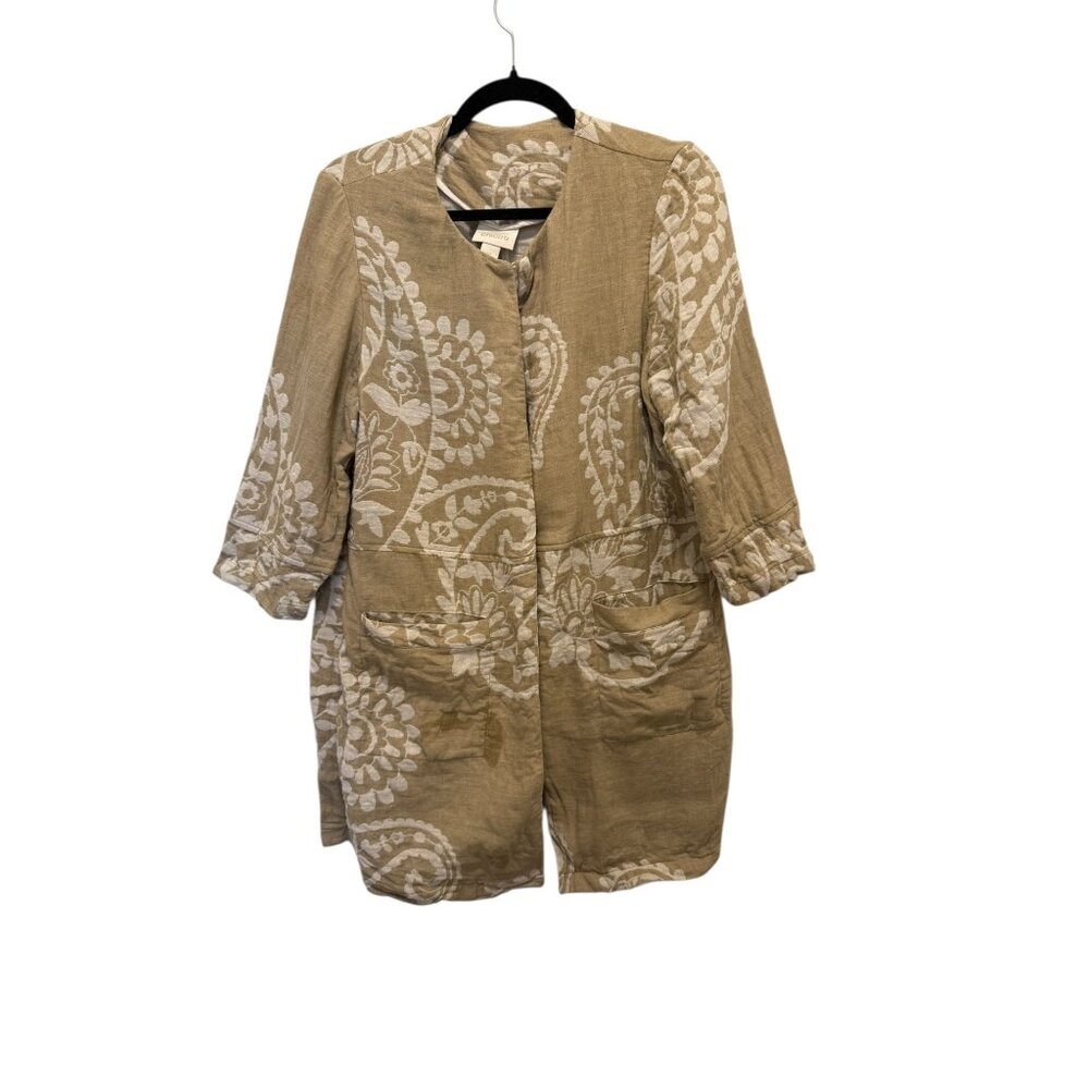 Chicos XL Taupe & White Lightweight Linen Blend Open Front Jacket With Pockets